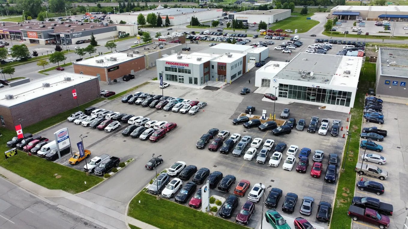 Aerial view of the Progressive Auto Sales and BMW Sarnia dealership complex